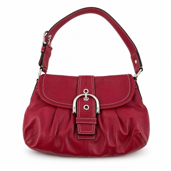 Coach Soho Pleated Flap Shoulder Bag Red Leather Buckle Y2K 